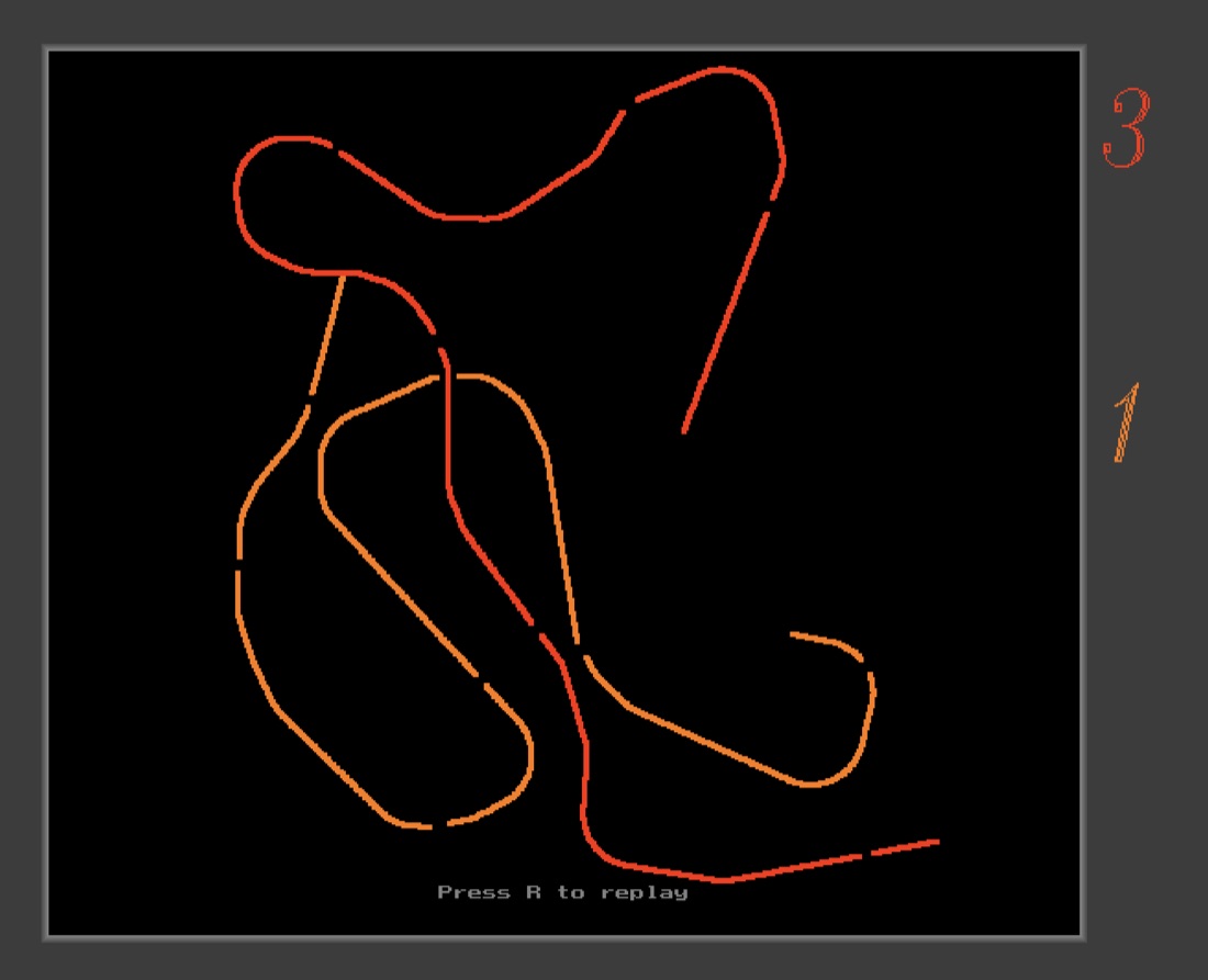 A round of the original Achtung, die Kurve! on kurve.se: orange and red trails on a black arena, the scores in the margin.